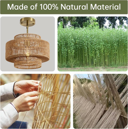 Boho Rattan Chandelier Handwoven Pendant Light Natural