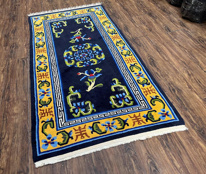 Chinese Art Deco Rug 3 x 5.9, Handmade Chinese Peking Carpet, Dark Blue and Gold, Medallion, Asian Oriental 3x6 Hand Knotted Vintage Rug