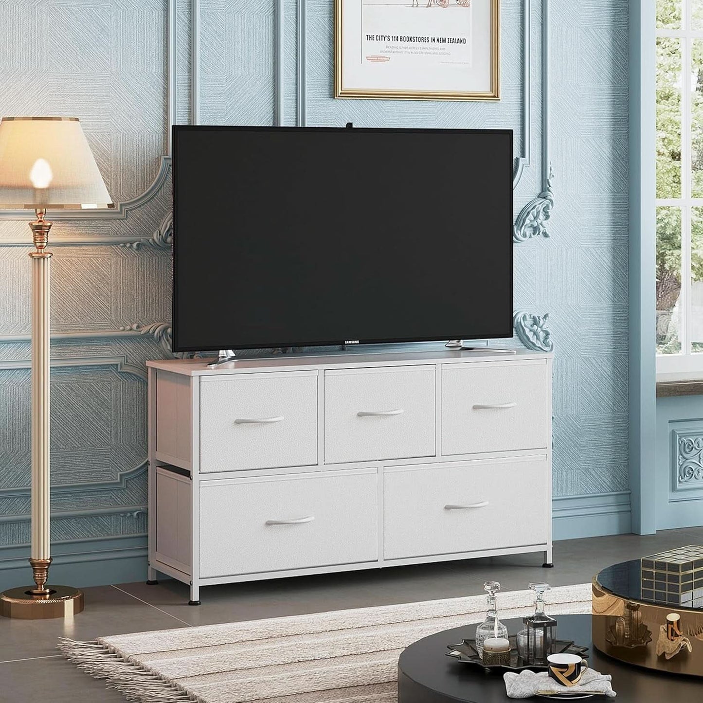 White TexturedFabric Dresser With Five Deep Drawers