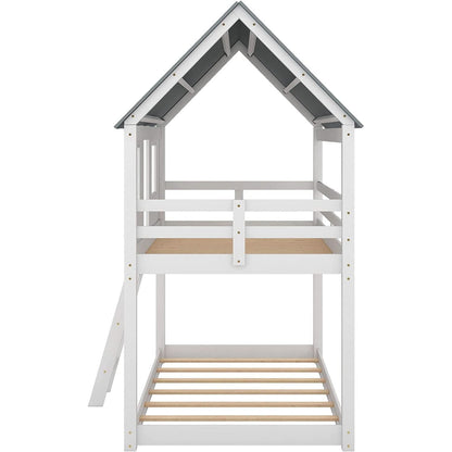 Twin House Bunk Bed With Playhouse White And Gray Finish