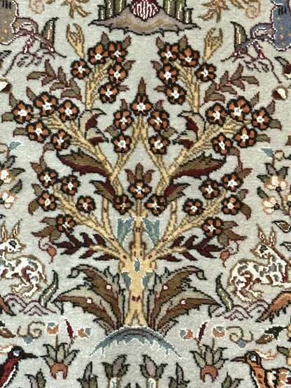 Wonderful Persian Tabriz Rug 3x5, Tree of Life, Animal Pictorials, Birds, Wool & Silk Highlights, Fine 330 KPSI