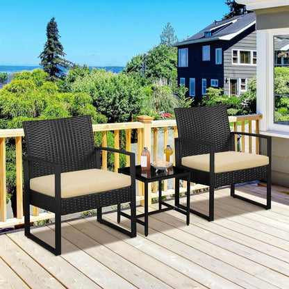 3 Piece Rattan Bistro Set Outdoor Furniture With 2 Chairs And Tempered Glass Coffee Table Black And Khaki