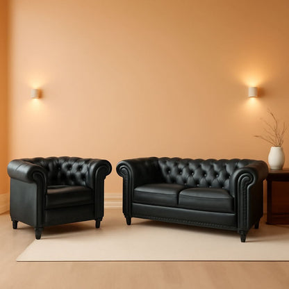 Two Piece Chesterfield Leather Living Room Set With Black Leather Loveseat And Chair