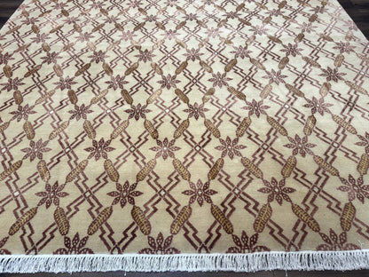 Tibetan Rug 8x10, Wool with Silk Highlights, Beige and Maroon, Contemporary Carpet