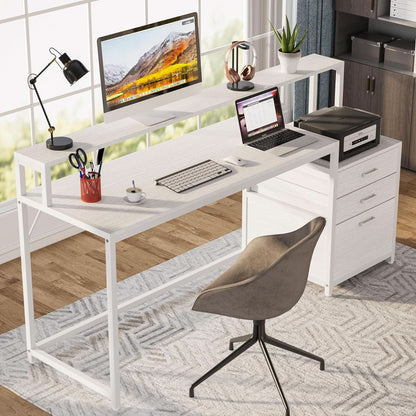 White Computer Desk With File Cabinet And Monitor Stand