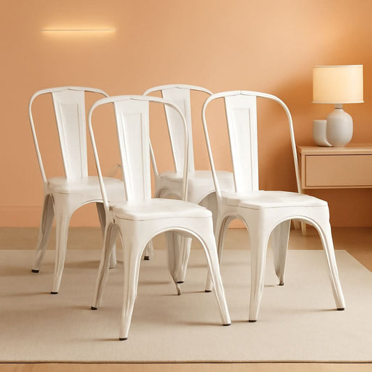 Stackable Distressed White Metal Dining Chairs For Indoor Outdoor Set Of 4