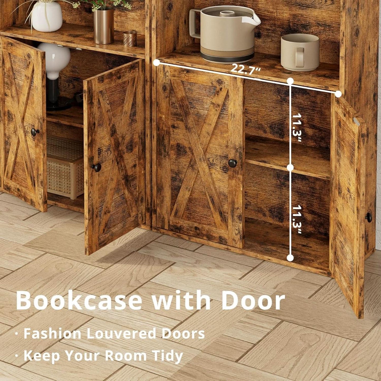 Industrial 70 Inch Tall Bookcase With Doors 6 Shelf Floor Standing Storage