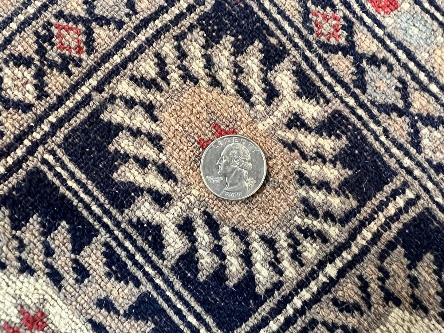 Pakistani Bokhara Rug 8x10, Turkoman Carpet, Dark Blue and Beige, Vintage Handmade Wool Carpet