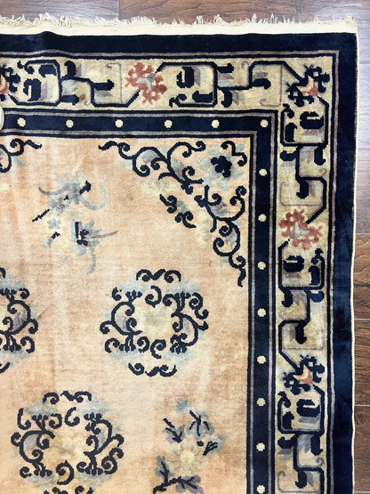 Chinese Peking Rug 4x6, Wool Hand Knotted Handmade Vintage Semi Antique Carpet, Semi Open Field, Light Peach & Navy Blue, Art Deco Rug