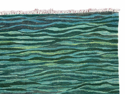 Sea Green Kilim Area Rug, White Blue Red Stripes, Russian Flag Rug, Flatweave Hand Knotted Carpet, Turkish Carpet, Wool, New, 5' 6" x 7' 10"