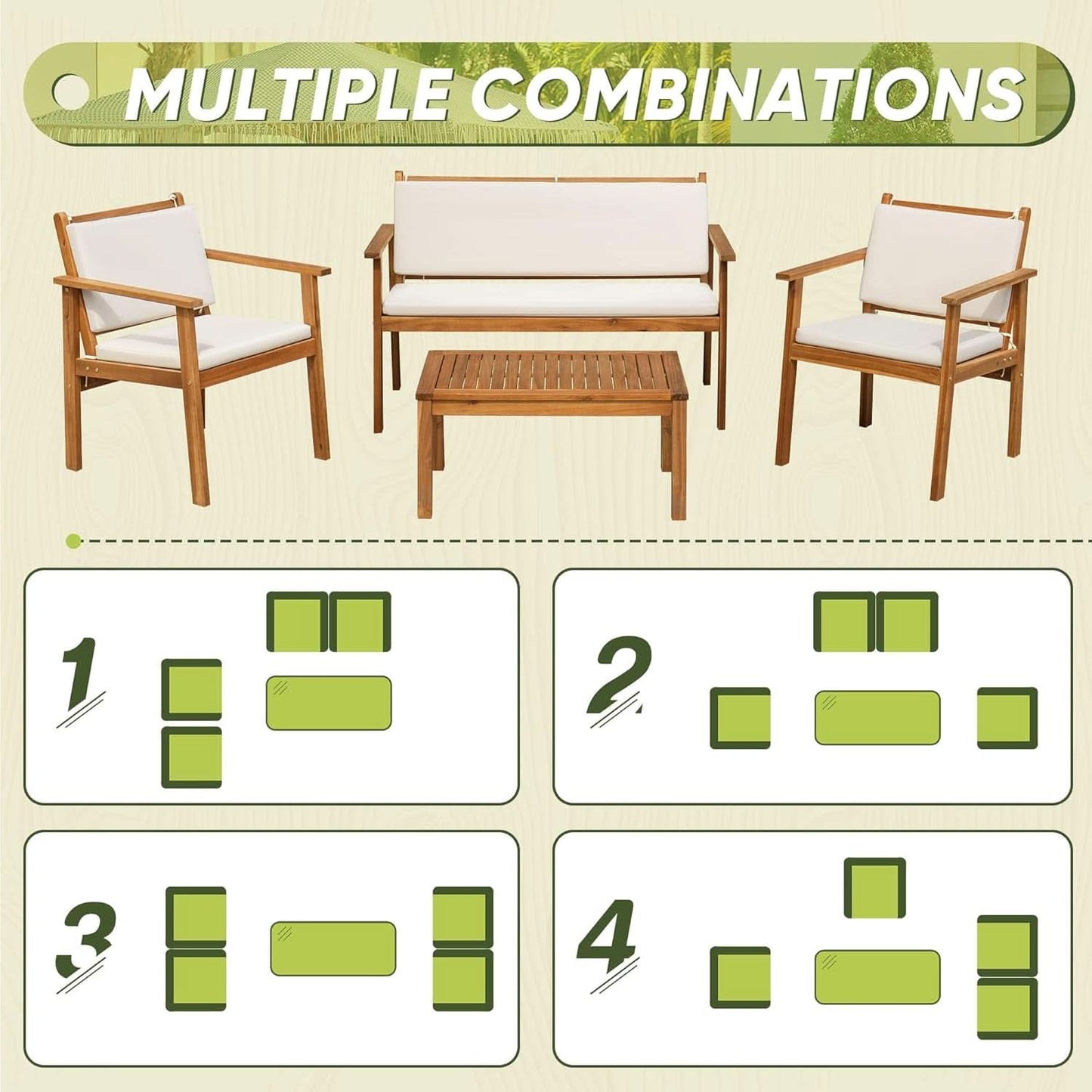 Acacia Wood 4 Piece Patio Conversation Set With Cushions