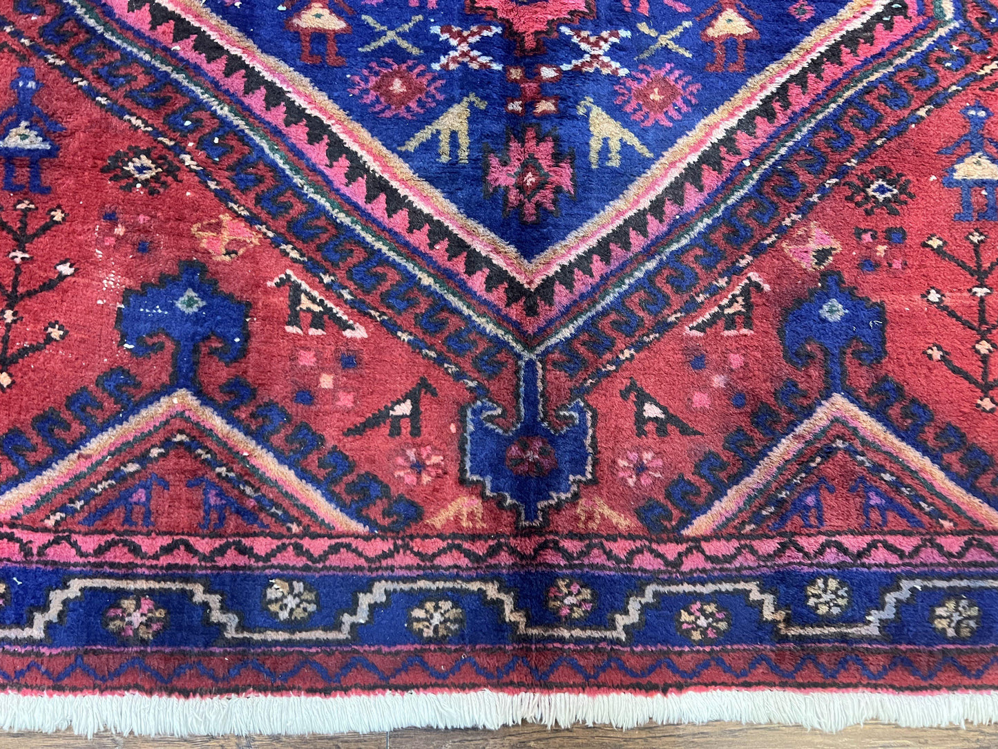 Persian Tribal Rug 5x7, Wool Handmade Vintage Hamadan Nahavand Carpet, Red & Navy Blue, Animal Motifs, Geometric Oriental Rug 5 x 7