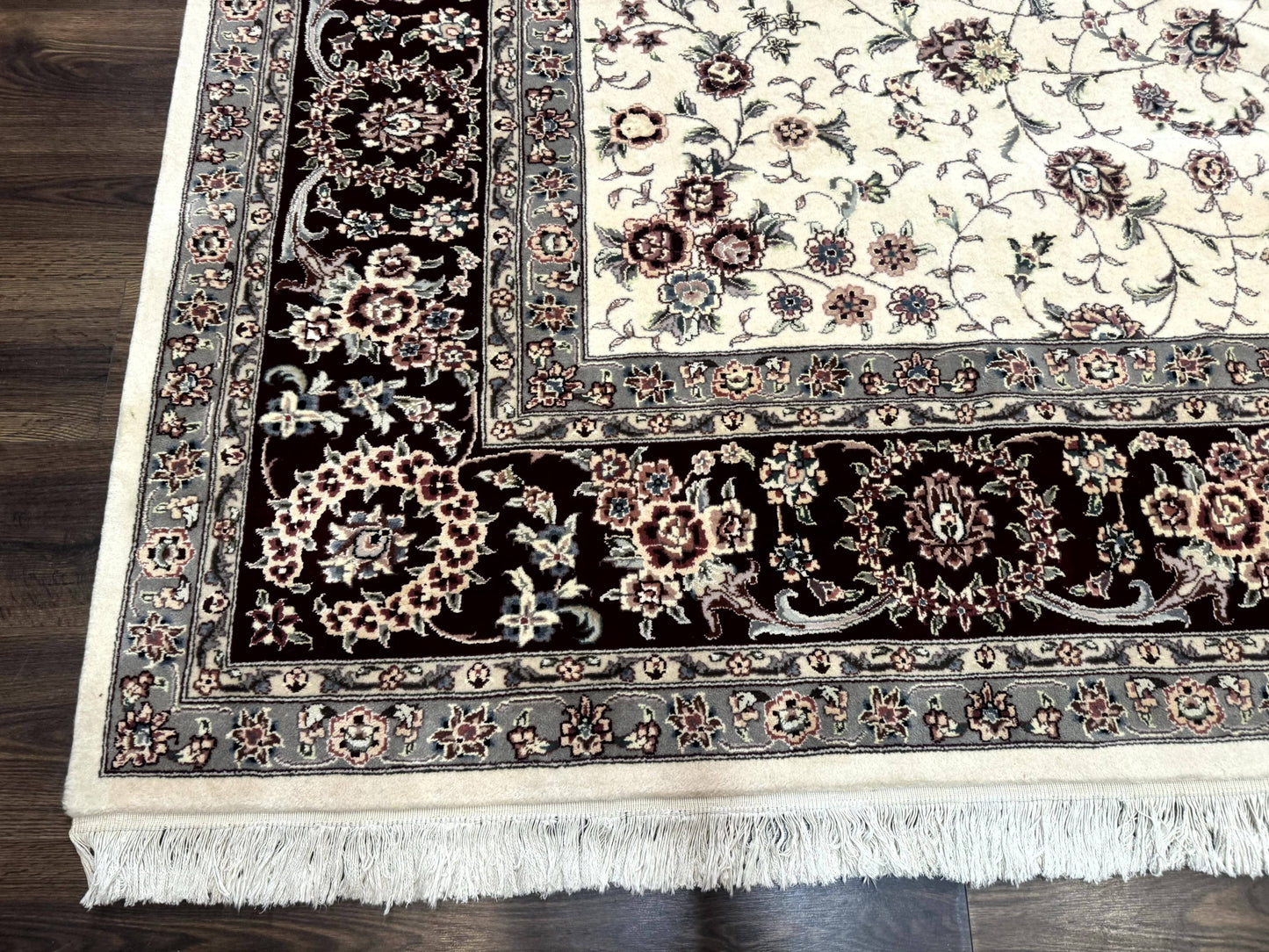 Sino Persian Rug 9x12, Floral Allover Design, 170 KPSI, Ivory and Dark Maroon