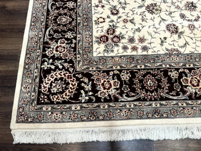 Sino Persian Rug 9x12, Floral Allover Design, 170 KPSI, Ivory and Dark Maroon