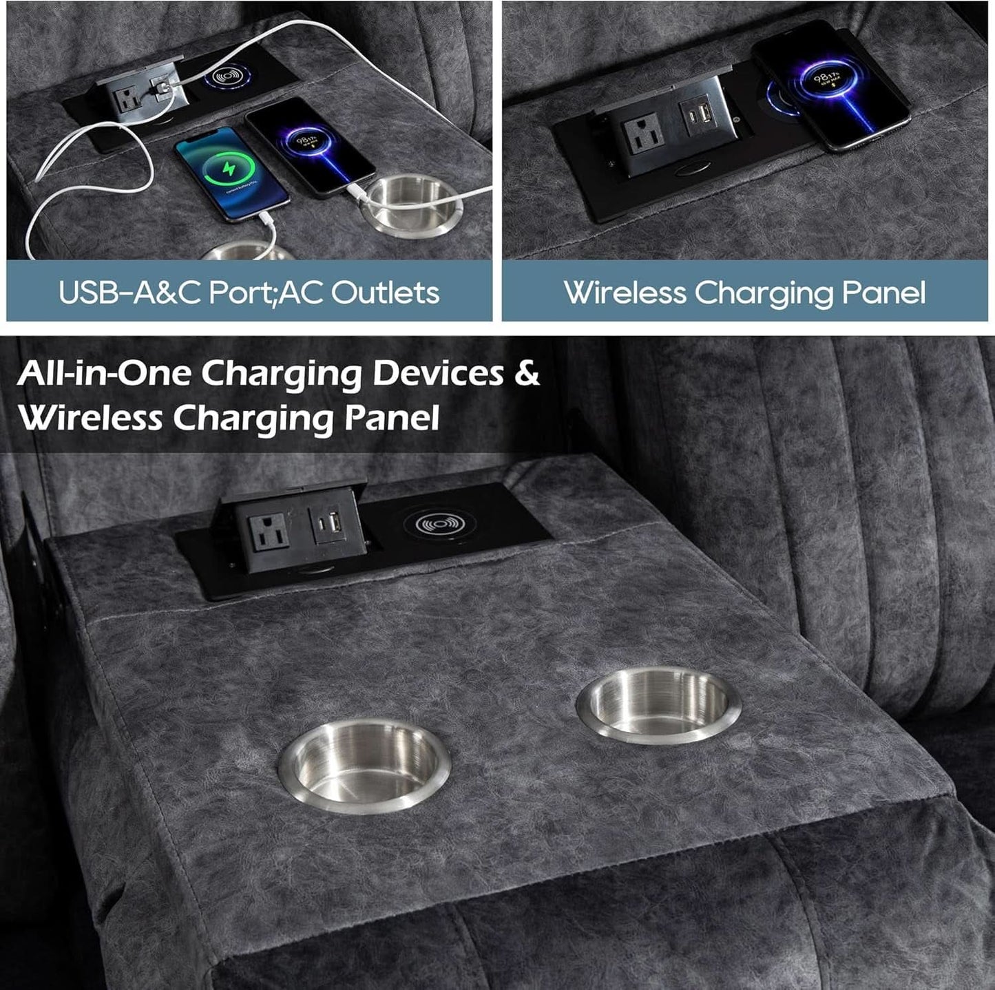 Grey Power Reclining Sofa With Zero Gravity USB Ports