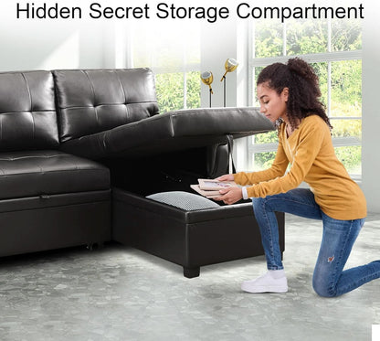 Sleeper Sectional Sofa Black Leather With Convertible Bed