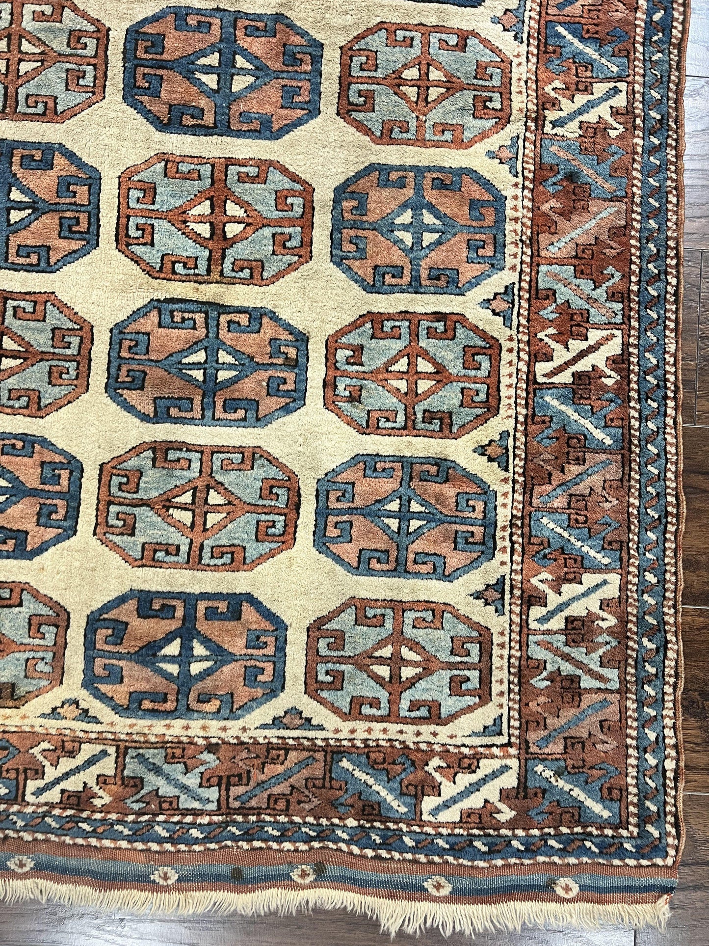 Turkish Kazak Rug 3x4, Wool Hand Knotted Handmade Vintage Carpet, Geometric Tribal Repeated Motif, Small 3 x 4 Antique Rug, Cream Red