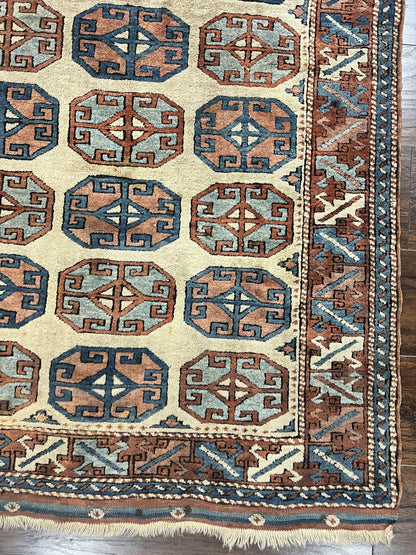 Turkish Kazak Rug 3x4, Wool Hand Knotted Handmade Vintage Carpet, Geometric Tribal Repeated Motif, Small 3 x 4 Antique Rug, Cream Red