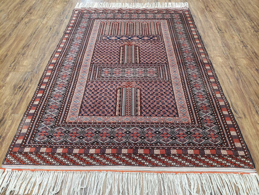 Vintage Turkoman Bokhara Rug 4x6, Four Seasons Pakistan Bukhara Turkmen Engsi Yamud Carpet, Fine Tribal Rug, Wool, Hand-Knotted, Brown, Nice