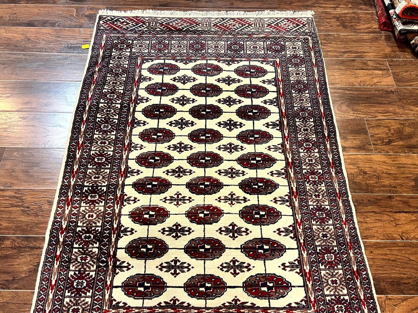 Pakistani Bokhara Rug 4x6, Turkoman Carpet, Vintage Handmade Wool Rug, Ivory