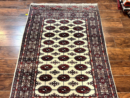 Pakistani Bokhara Rug 4x6, Turkoman Carpet, Vintage Handmade Wool Rug, Ivory