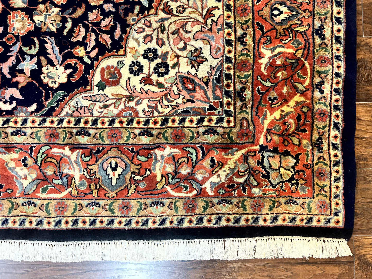 Indo Persian Rug 8x10, Midnight Blue & Red, Handmade Vintage Wool Carpet, Floral Medallion
