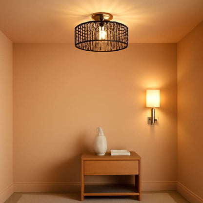 Dark Brown Hand Woven Rattan Ceiling Light With Dimmable LED