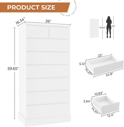 White Tall Dresser With 8 Drawers 59.7 Inch Vertical Bedroom Storage