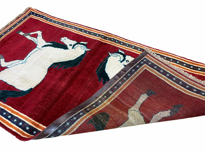 3.5 X 6 Handmade Hand-Knotted New Vintage Rug Quality Wool White Horses Red