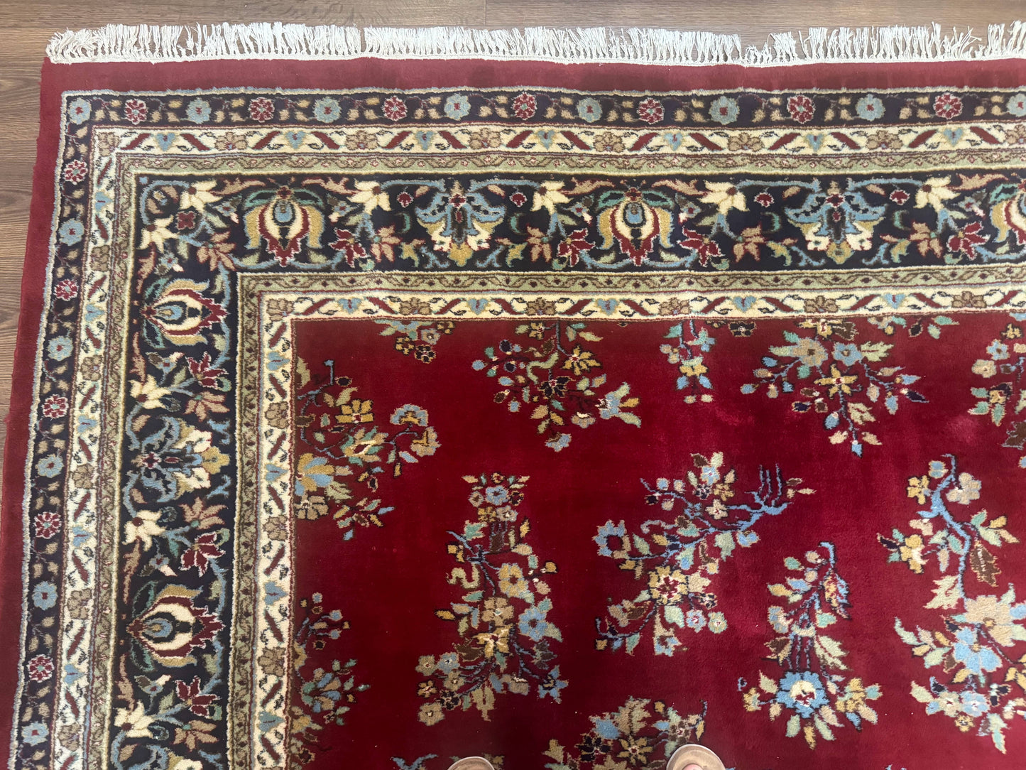 Indo Persian Sarouk Rug 10x14, Large Red and Navy Blue Carpet, Traditional Floral Wool Rug
