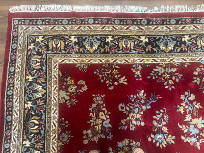 Indo Persian Sarouk Rug 10x14, Large Red and Navy Blue Carpet, Traditional Floral Wool Rug
