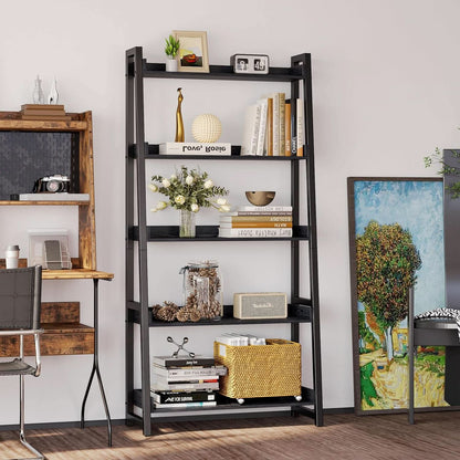 Industrial 5 Tier Bookshelf With Steel Frame 74In Tall