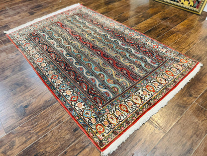 Persian Qum Rug 4x7, Striped Paisley Boteh Design