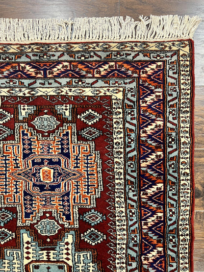 Pakistani Rug 3x5 ft, Caucasian Kazak Design, Geometric Rug, Small Vintage Oriental Carpet, Dark Red Vintage Handmade Wool Rug 3 x 5