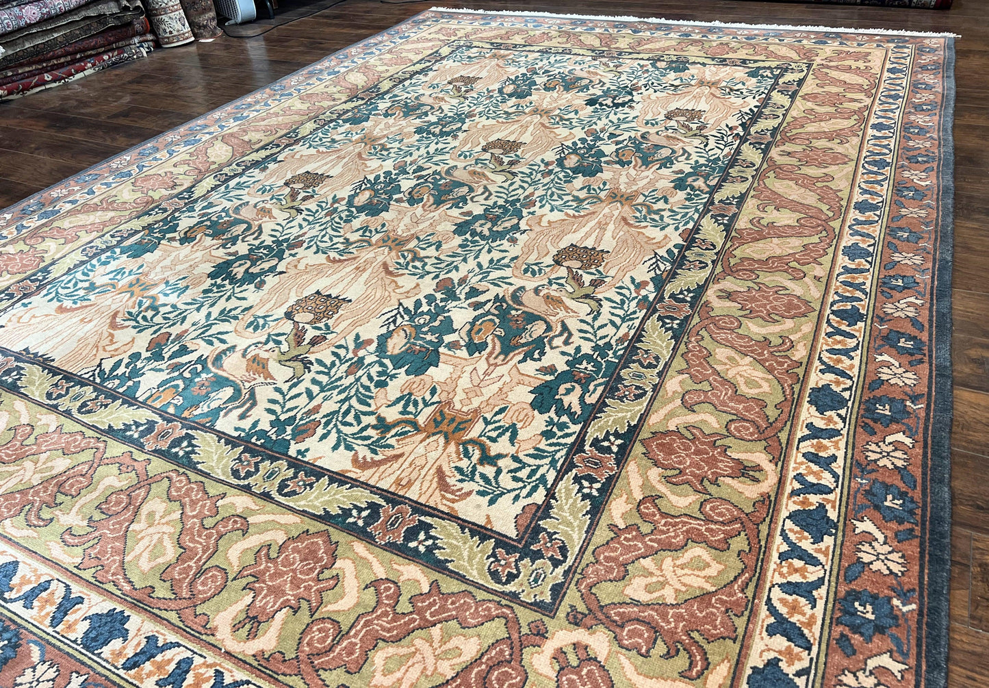 10x13 Wool Rug, Floral Pattern, Birds, Handmade Vintage Carpet, Couristan Rug, Beige