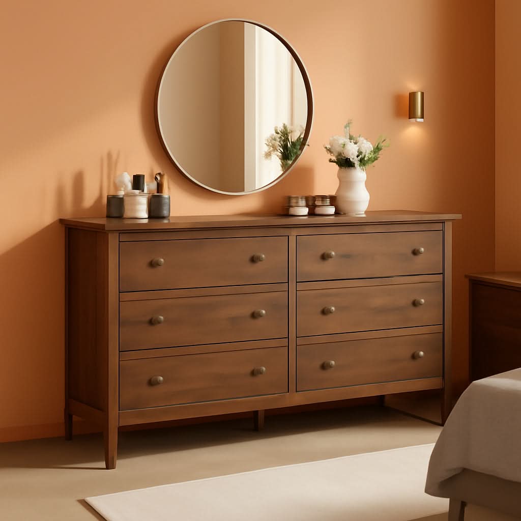 55 Inch Walnut Dresser With Six Drawers For Bedroom