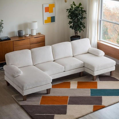Beige 111 Inch U Shape Corduroy Sectional Sofa With Chaises