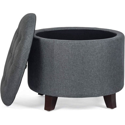 Gray Fabric Round Storage Ottoman With Button Tufting