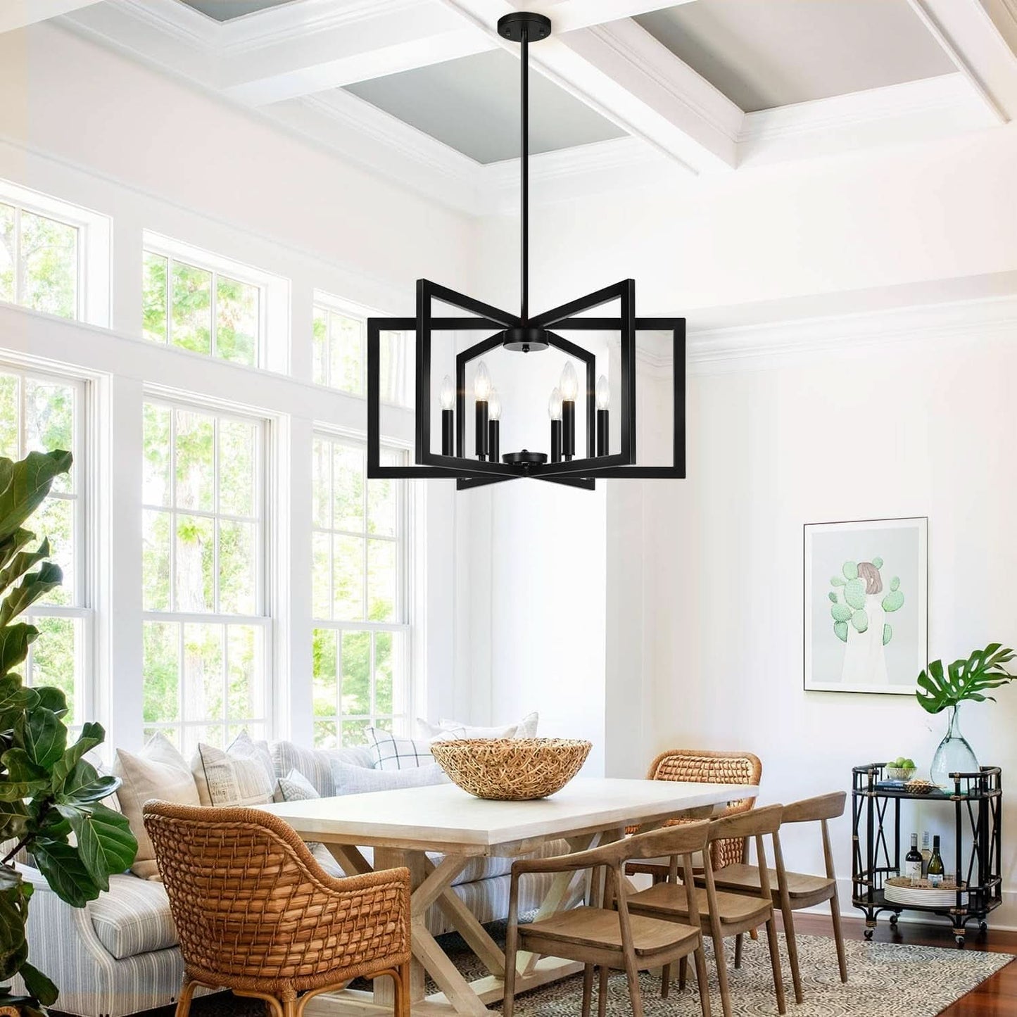 Black 6 Light Chandelier 25 Inch Geometric Square Frame