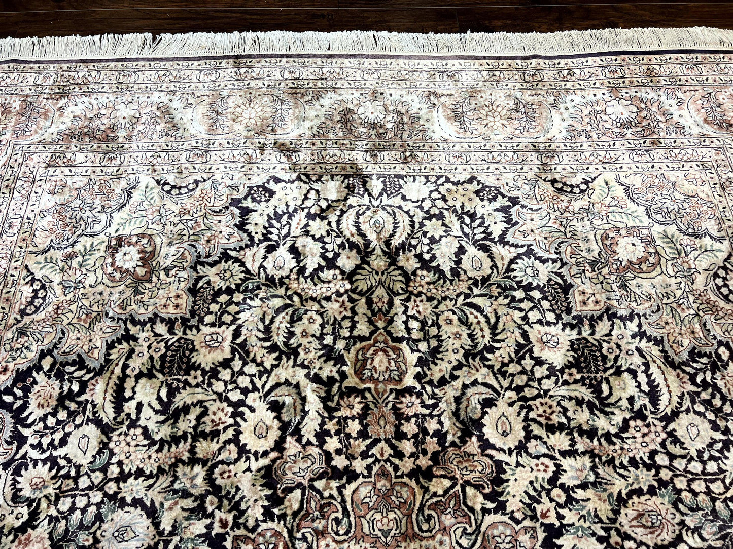 Silk Indian Kashmiri Rug 8x10, Floral Medallion, Indo Persian Carpet, Handmade Vintage Silk Rug