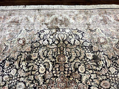 Silk Indian Kashmiri Rug 8x10, Floral Medallion, Indo Persian Carpet, Handmade Vintage Silk Rug