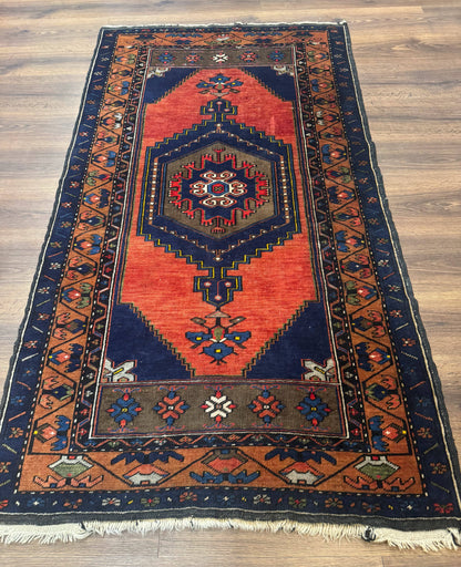 Persian Rug 3x6, Geometric Medallion, Village Tribal Rug, Terracotta and Navy Blue, Antique Nahavand Hamadan Rug