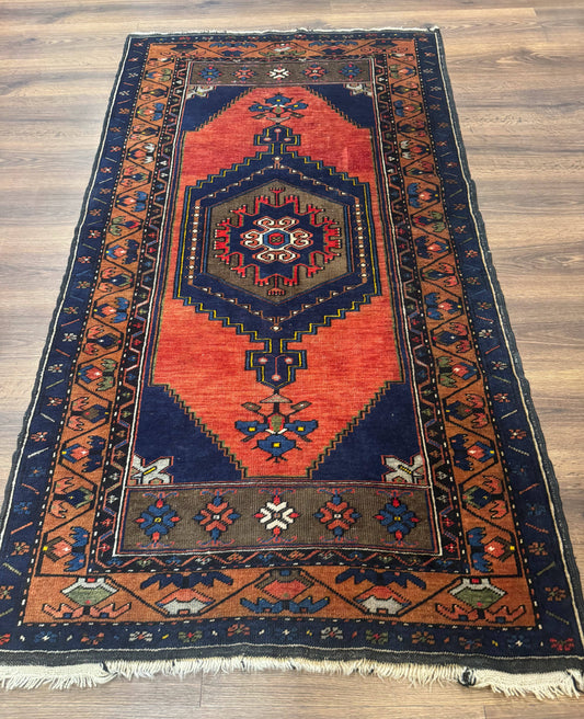Persian Rug 3x6, Geometric Medallion, Village Tribal Rug, Terracotta and Navy Blue, Antique Nahavand Hamadan Rug