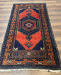 Persian Rug 3x6, Geometric Medallion, Village Tribal Rug, Terracotta and Navy Blue, Antique Nahavand Hamadan Rug