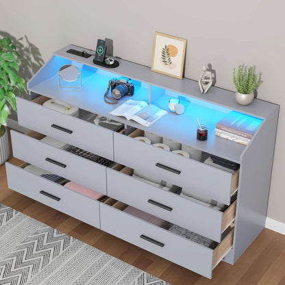 Grey Six Drawer Dresser With Power Outlet And USB Ports