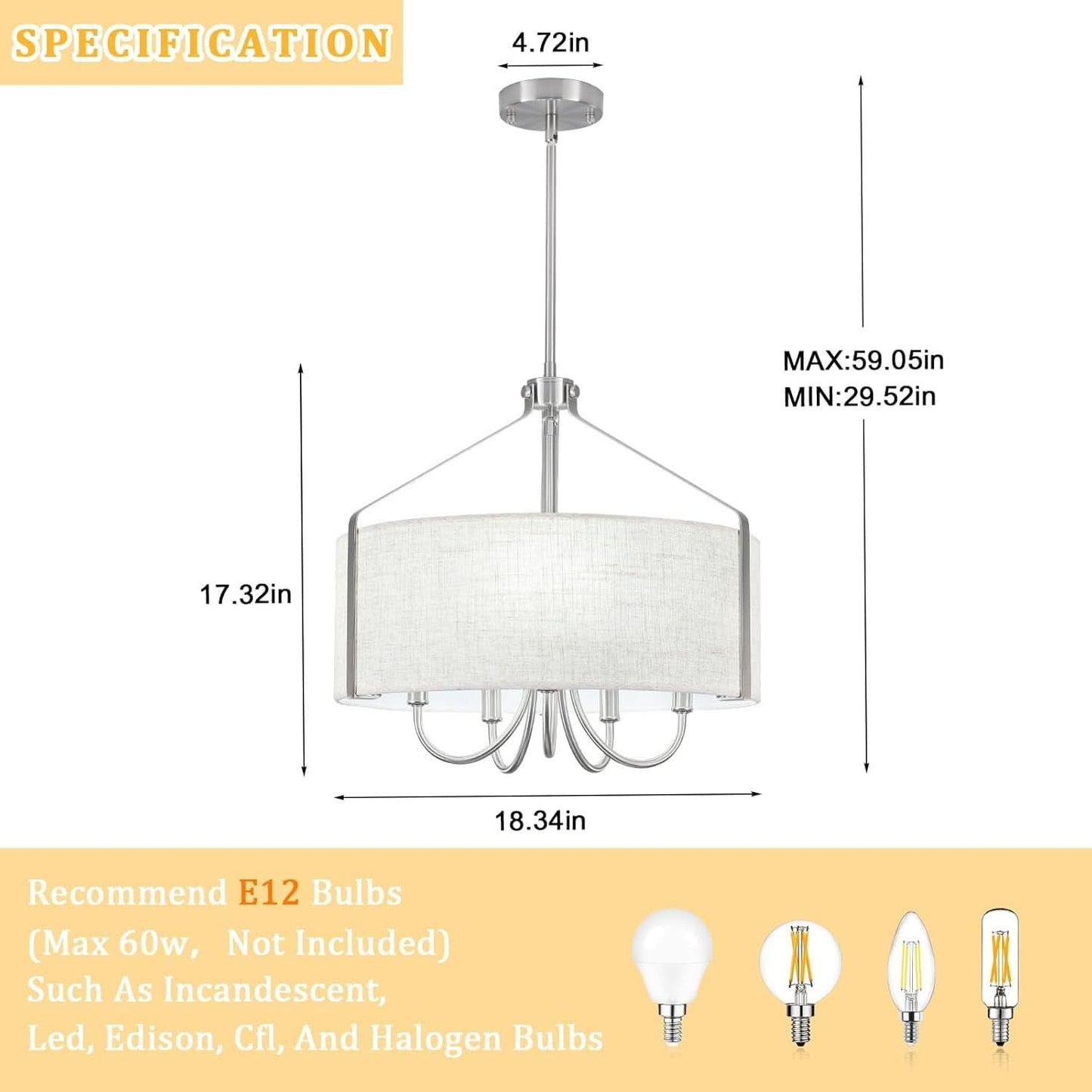 5 Light Drum Chandelier 18 Inch Brushed Nickel Fixture