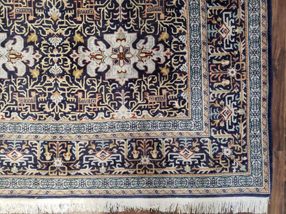 Semi-Antique Persian Kashan Rug, Midnight Blue & Ivory, Hand-Knotted, Wool, 4' 8" x 7' 4", Pair A