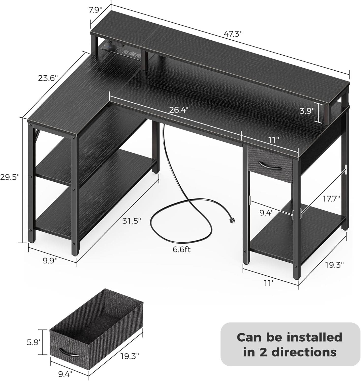 47 Inch L Shaped Desk With LED Lighting And Power Outlets