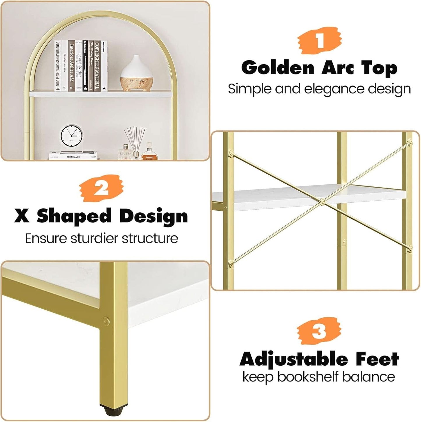 5 Tier Bookshelf Arched Display White Gold Metal Frame Bookcase