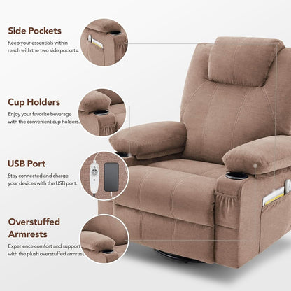 Oversized Swivel Rocker Recliner Chair With Heat Massage USB Port Brown Fabric
